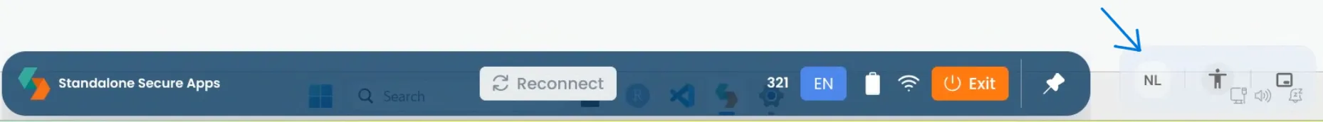 The Schoolyear taskbar with the accessibility pill next to it, showing NL as the active keyboard layout