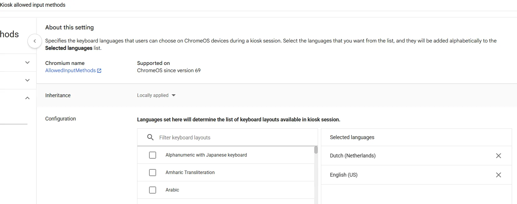 Kiosk allowed input methods showing English (US) and Dutch layouts