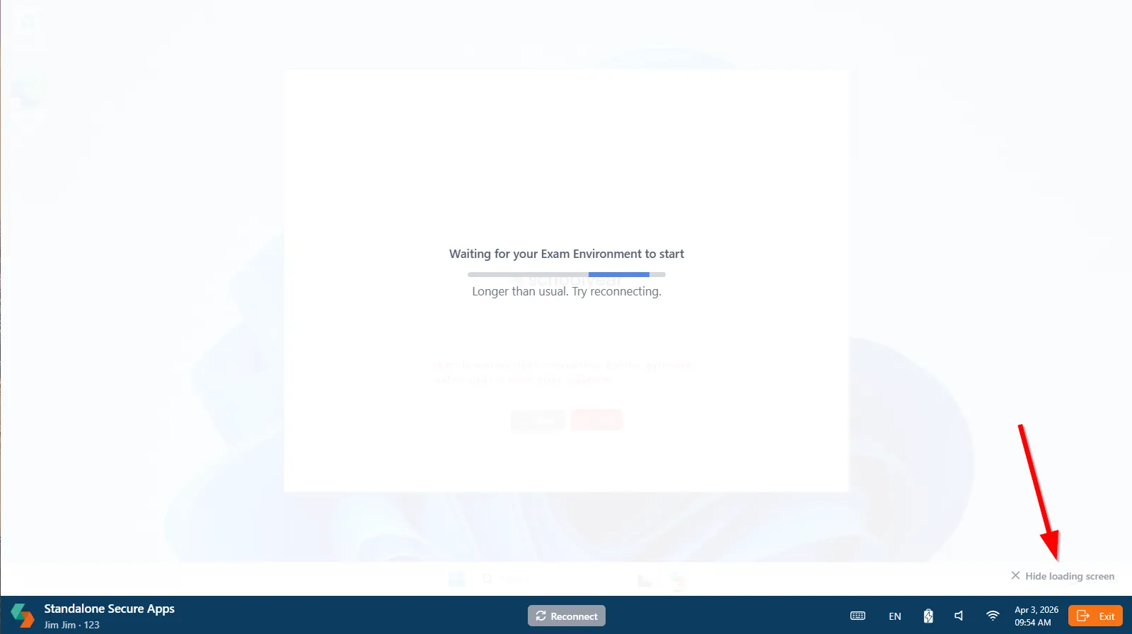 Loading overlay saying Waiting for your Exam Environment to start